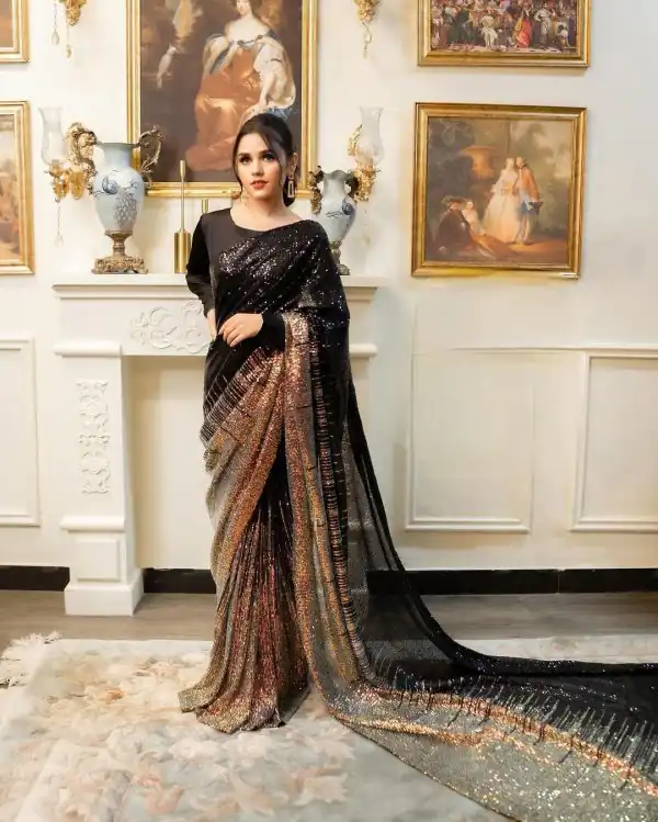 Peaceful Black Color Heavy Dual Sequins Embroidery Work Saree