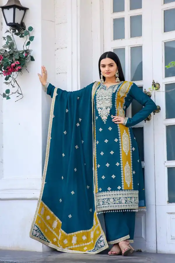 Perfect Blue Chinon Silk Embroidery Sequence Sharara Suit
