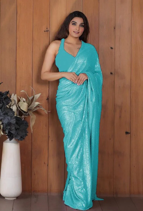 Perfect Firozi Color Georgette Double Run Embroidery Saree