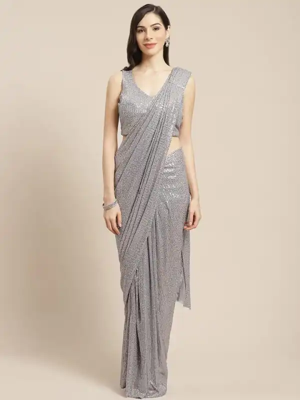 Perfect Grey Color Heavy Georgette Double Run Embroidery Saree
