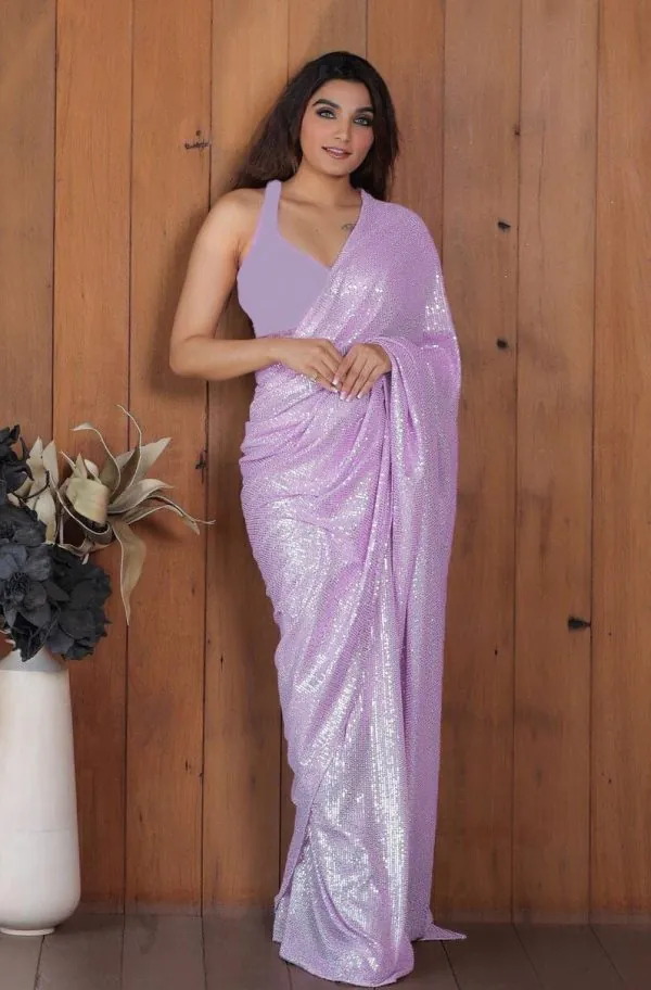 Perfect Lavender Color Georgette Double Run Embroidery Saree