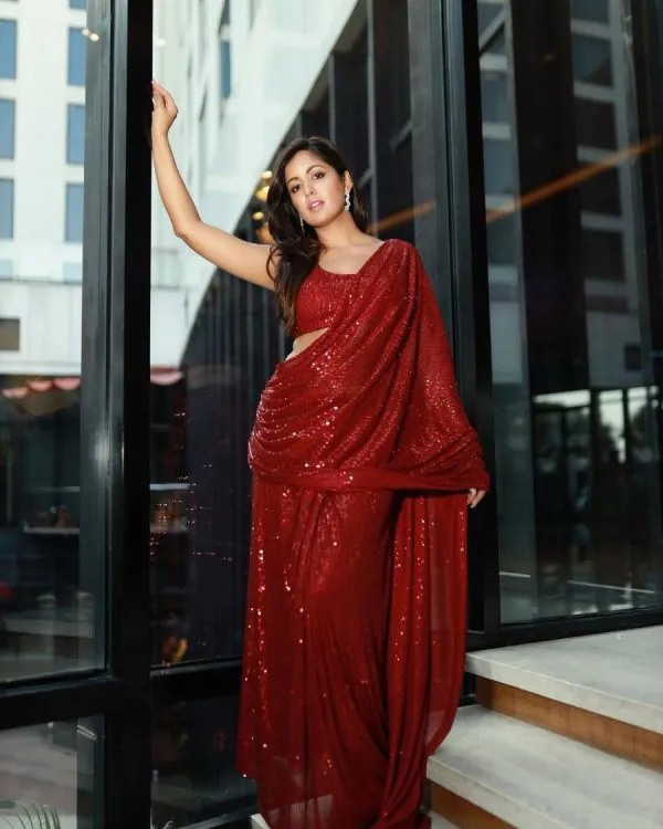Perfect Maroon Color Georgette Double Run Embroidery Saree
