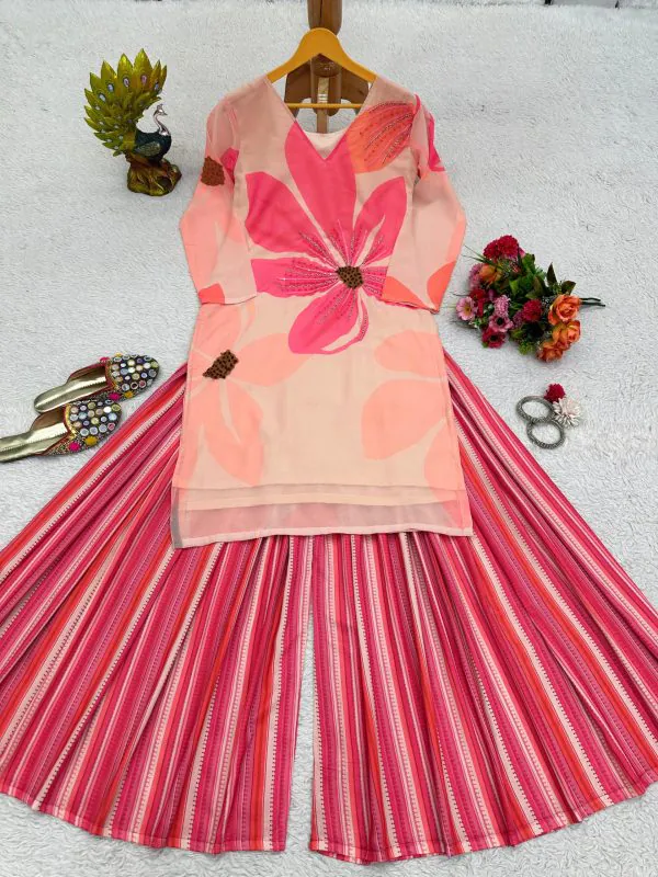 Perfect Pink Color Georgette Digital Print Handwork Salwar Suit