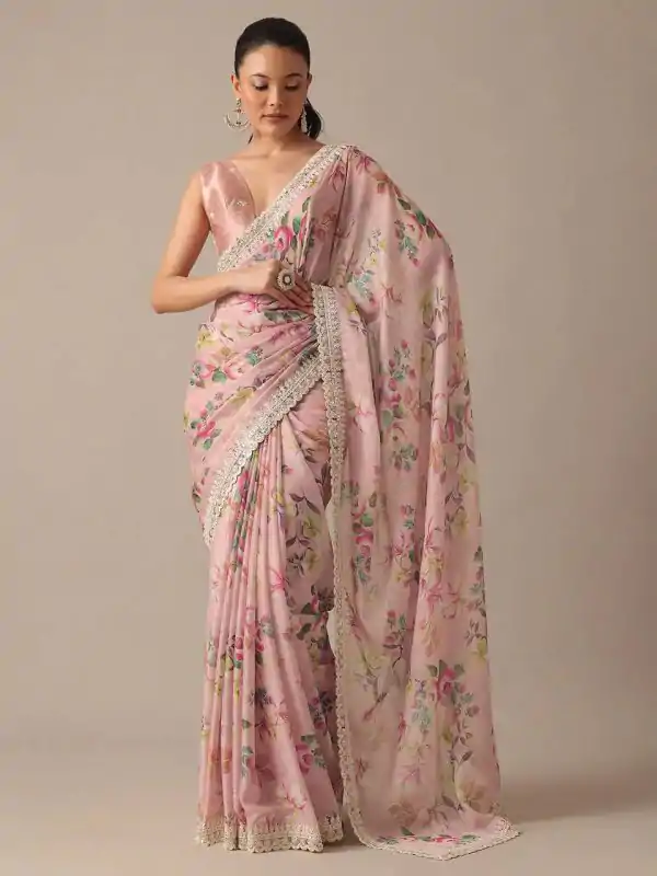 Perfect Pink Color Georgette Digital Prints Embroidery Saree