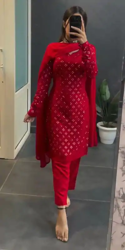 Perfect Red Faux Georgette Sequence Thread work Salwar Suit