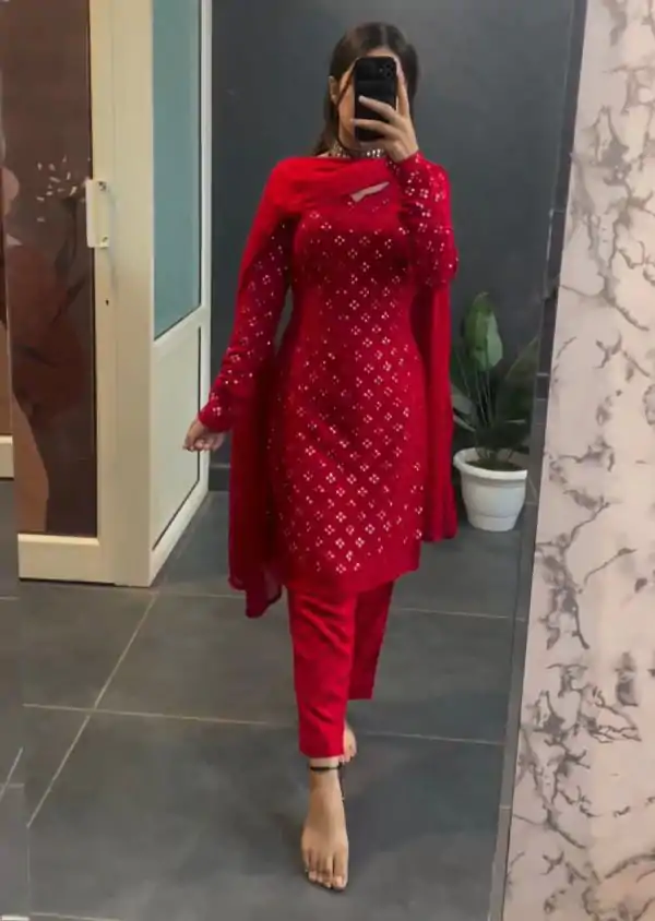 Perfect Red Faux Georgette Sequence Thread work Salwar Suit