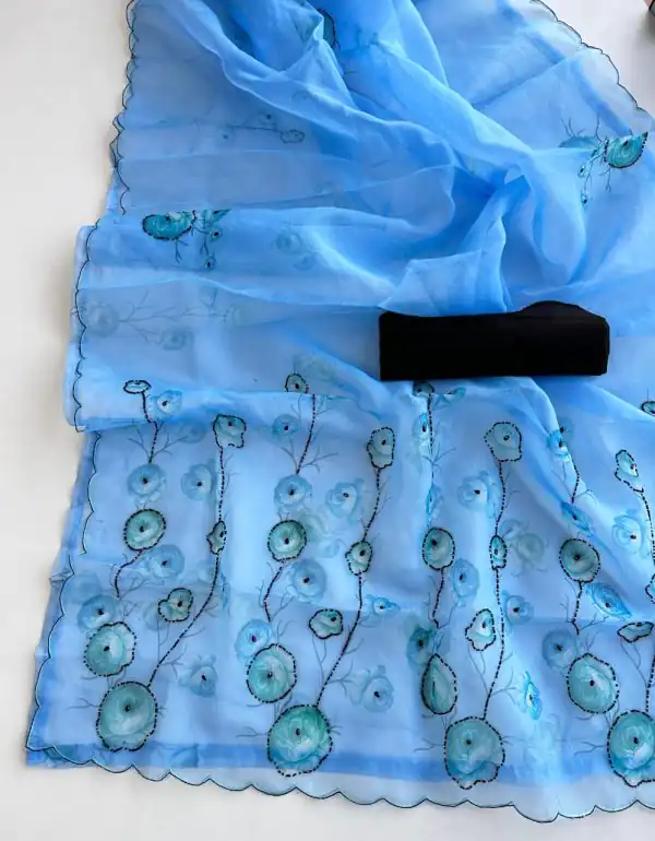 Perfect Royal Blue Color Organza Beautiful Digital Print Saree