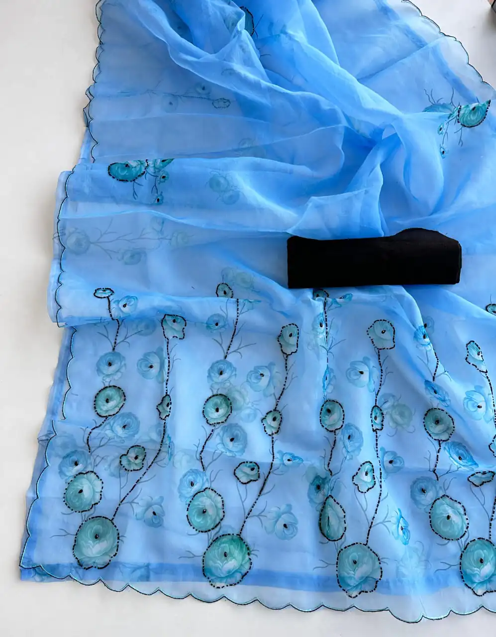 Perfect Royal Blue Color Organza Beautiful Digital Print Saree