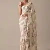 Perfect White Color Georgette Digital Prints Embroidery Saree