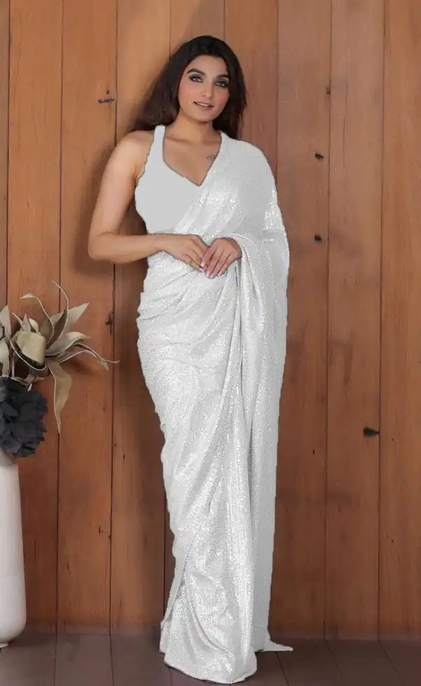 Perfect White Color Georgette Double Run Embroidery Saree