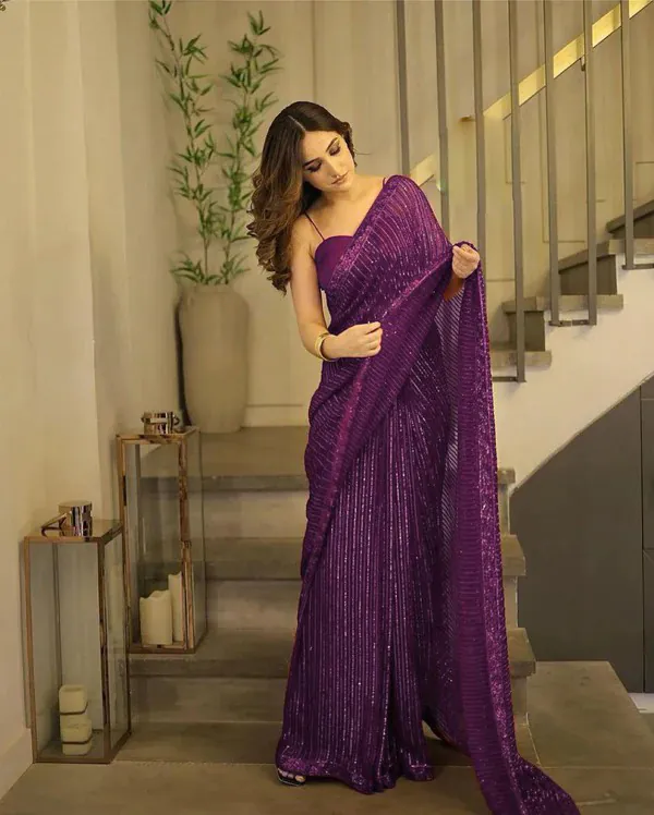 Perfect Wine Color Georgette Heavy Sequins Embroidery Saree