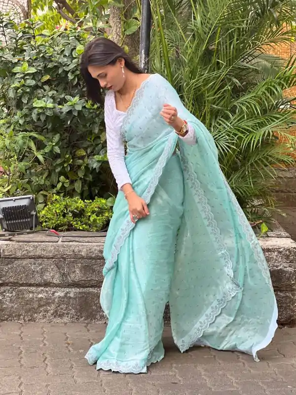 Picturesque Blue Color Shining Diamond Work All Over Saree