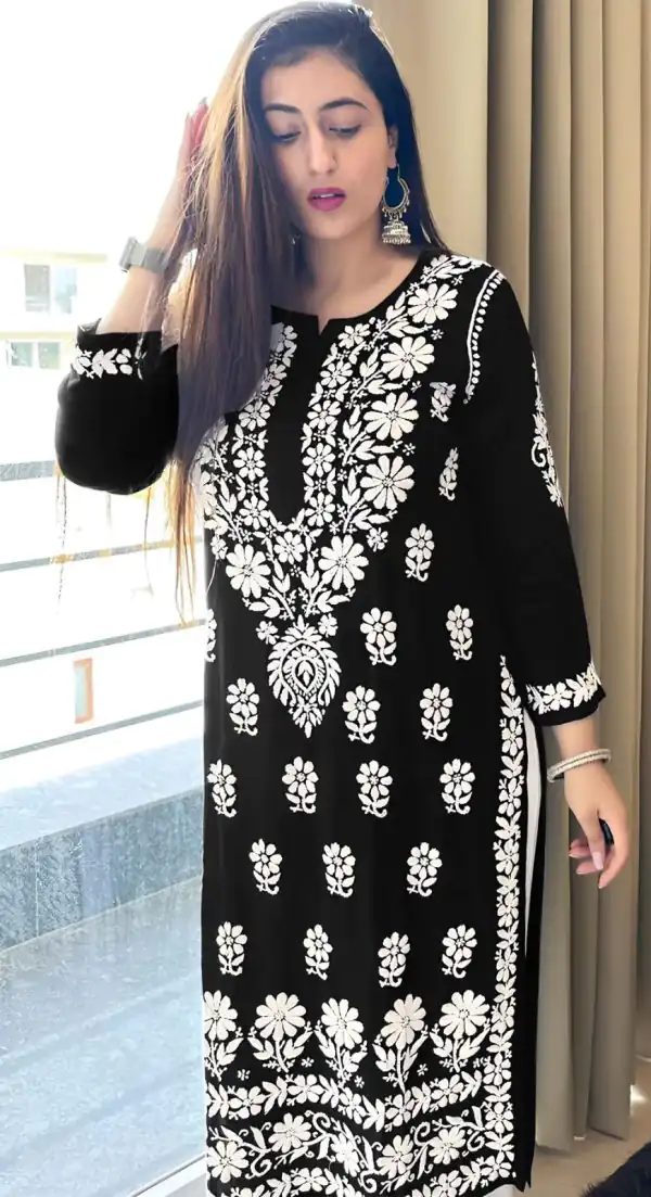 Pretty Black Color Heavy Rayon Cotton Style Embroidery Kurti