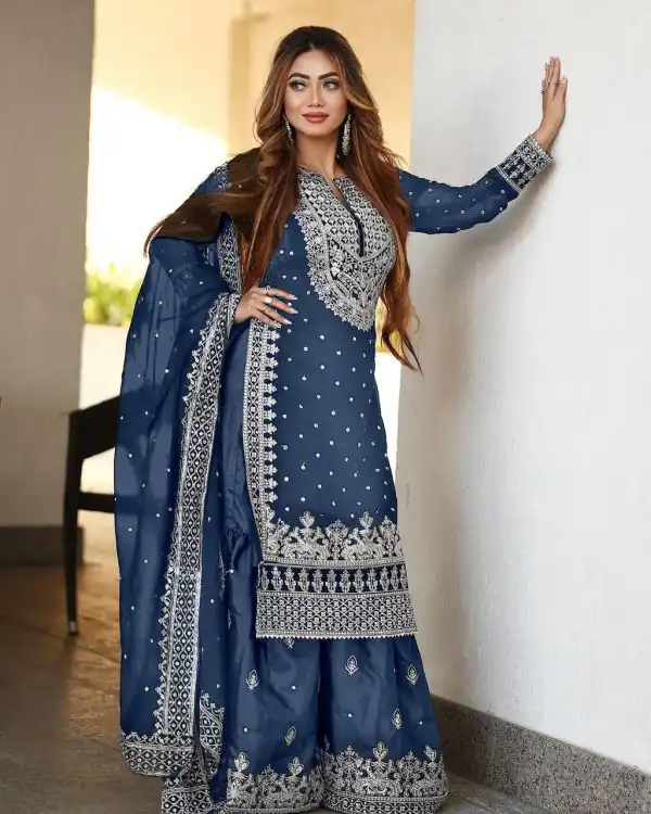 Pretty Blue Color Georgette Embroidery Sequence Salwar Suit