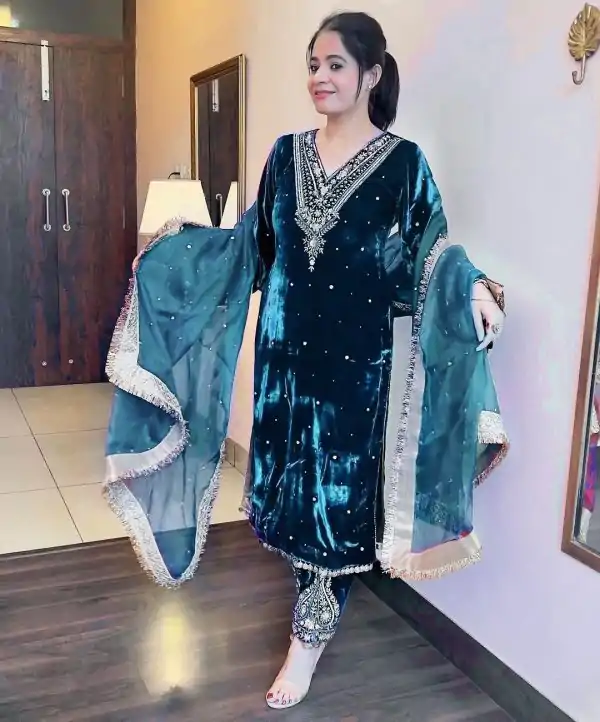Pretty Blue Color Heavy Pure Viscose Velvet Embroidery Sharara