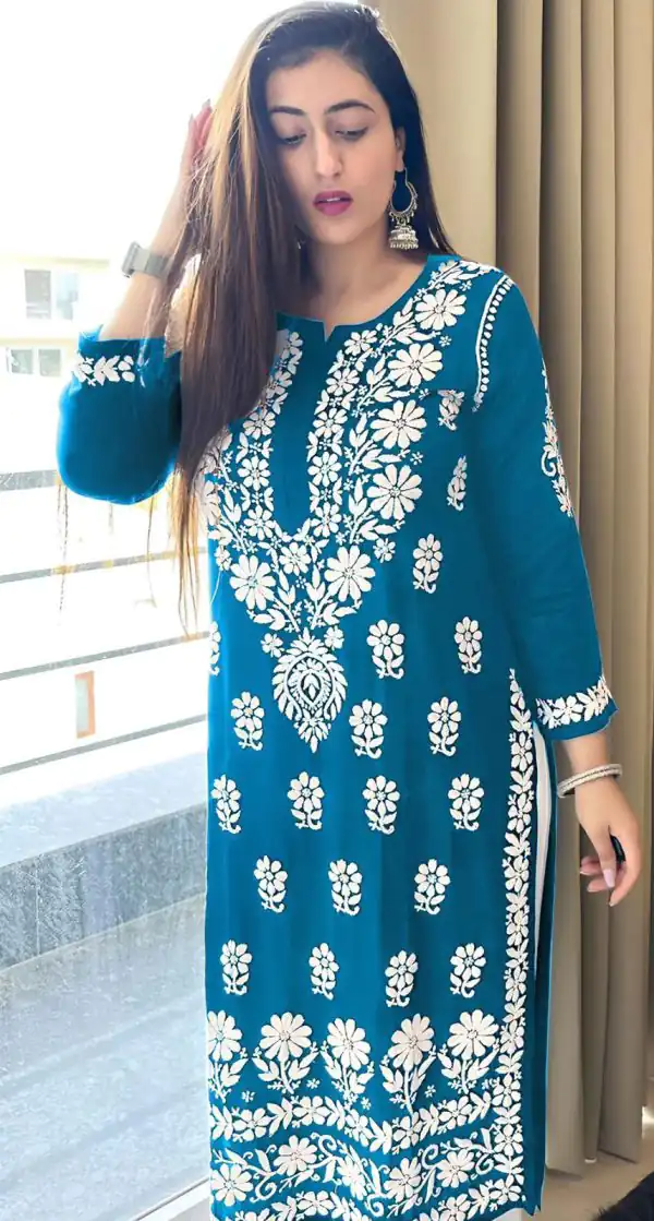Pretty Blue Color Heavy Rayon Cotton Style Embroidery Work Kurti