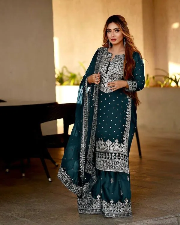 Pretty Green Color Georgette Embroidery Sequence Salwar Suit