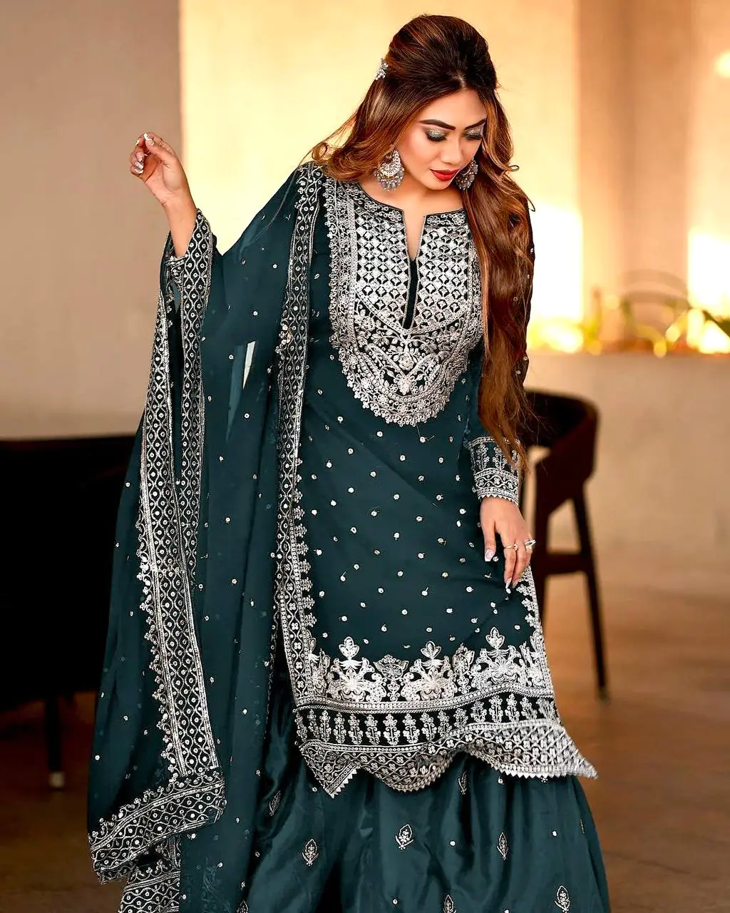 Pretty Green Color Georgette Embroidery Sequence Salwar Suit - Image 2