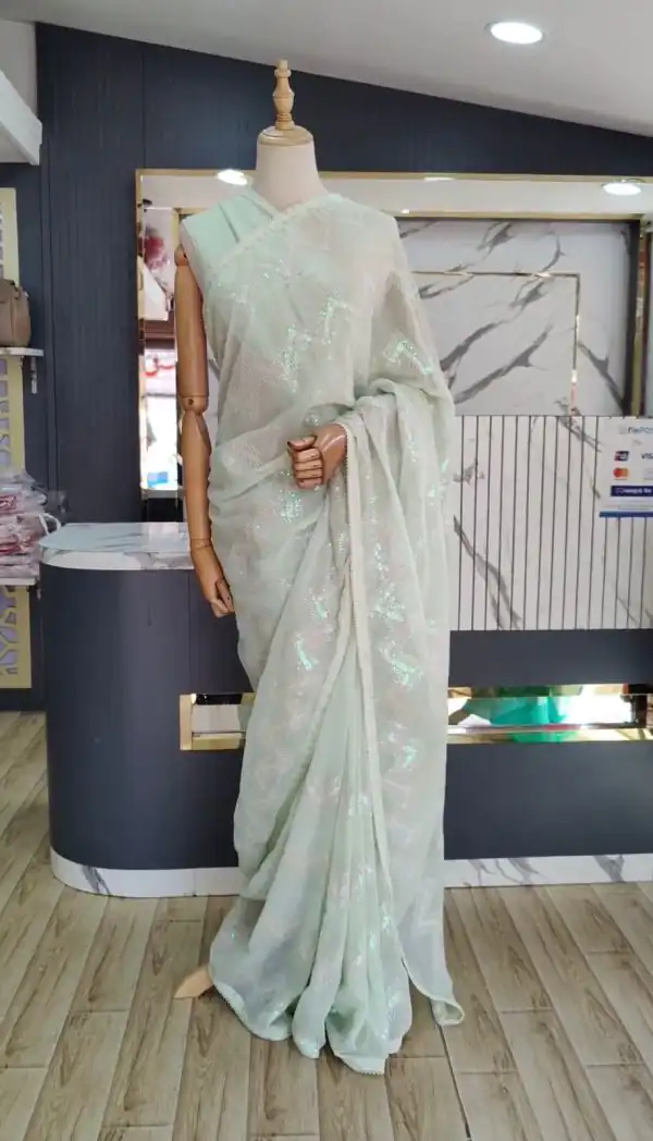 Pretty Light Green Color Georgette Thread Sequence Lace Saree