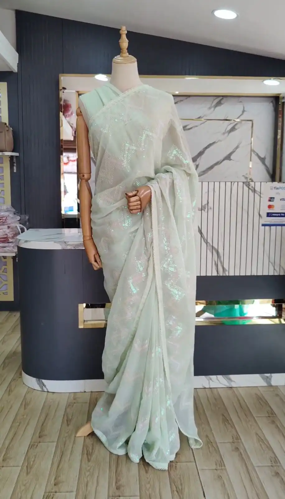 Pretty Light Green Color Georgette Thread Sequence Lace Saree