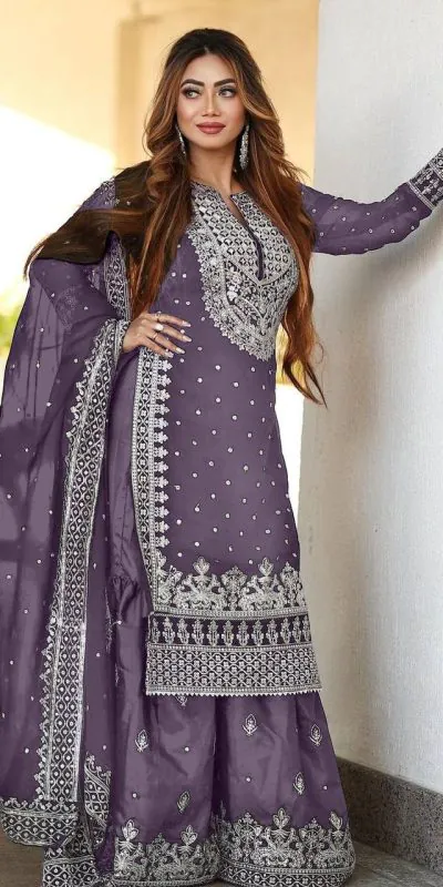 Pretty Light Purple Georgette Embroidery Sequence Salwar Suit