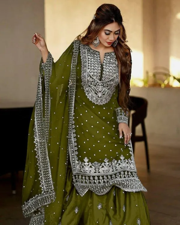 Pretty Mehndi Color Georgette Embroidery Sequence Salwar Suit