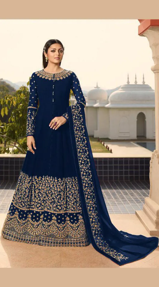 Pretty Navy Blue Color Georgette With Cording Work Sharara Suit