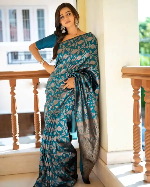 Pretty Peacock Blue Color Soft Lichi Silk Ordinary Design Saree
