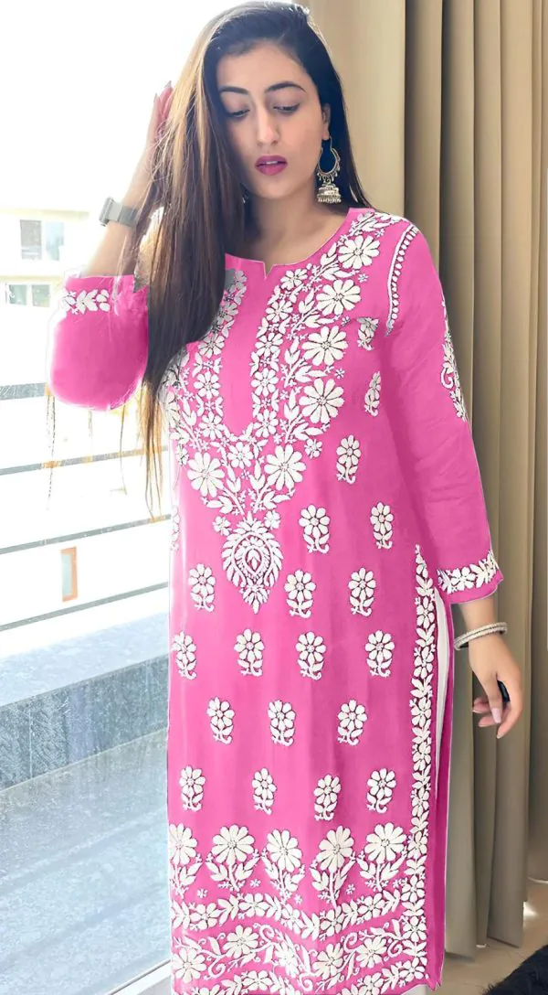 Pretty Pink Color Heavy Rayon Cotton Style Embroidery Work Kurti