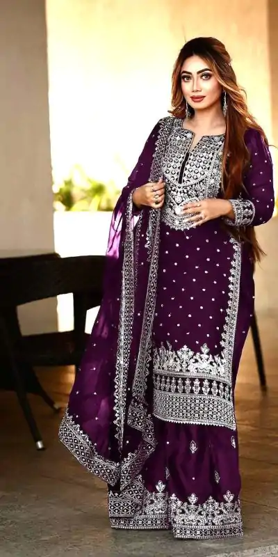Pretty Purple Color Georgette Embroidery Sequence Salwar Suit