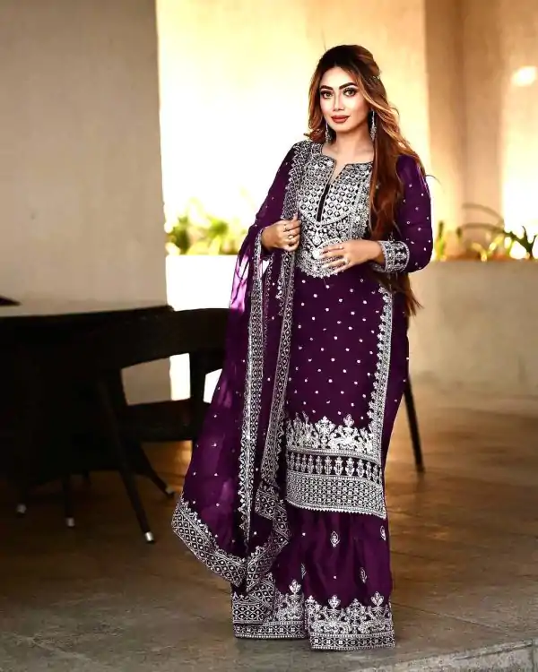Pretty Purple Color Georgette Embroidery Sequence Salwar Suit
