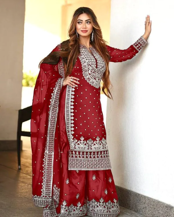 Pretty Red Color Georgette Embroidery Sequence Salwar Suit