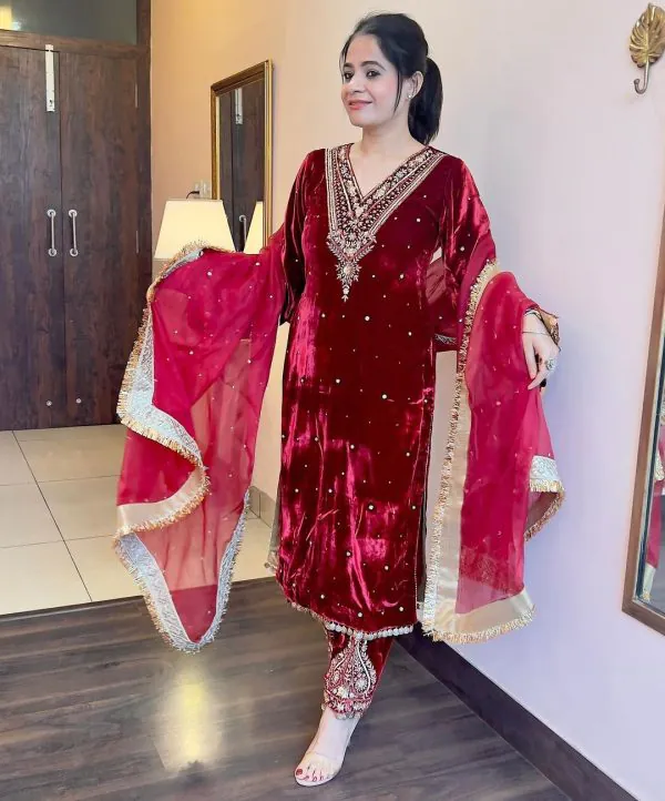 Pretty Red Color Heavy Pure Viscose Velvet Embroidery Sharara