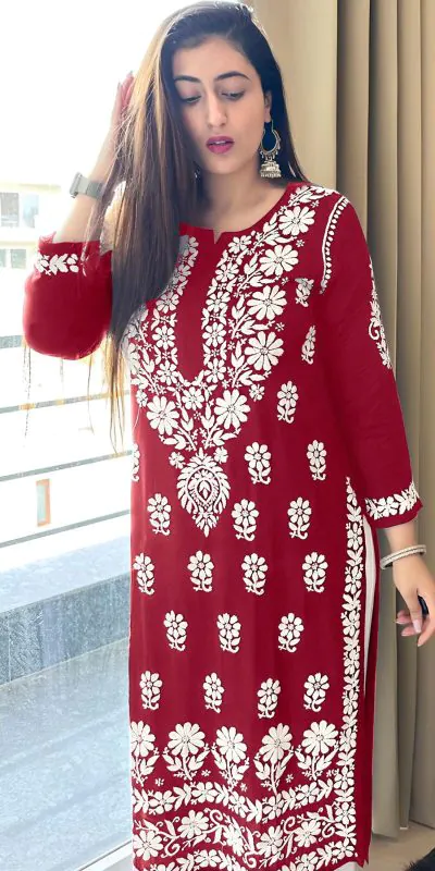 Pretty Red Color Heavy Rayon Cotton Style Embroidery Work Kurti