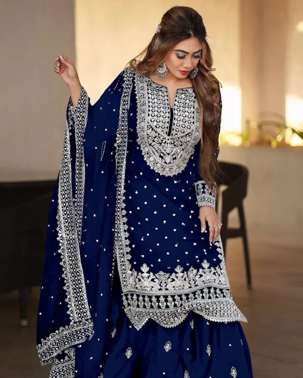 Pretty Royal Blue Georgette Embroidery Sequence Salwar Suit