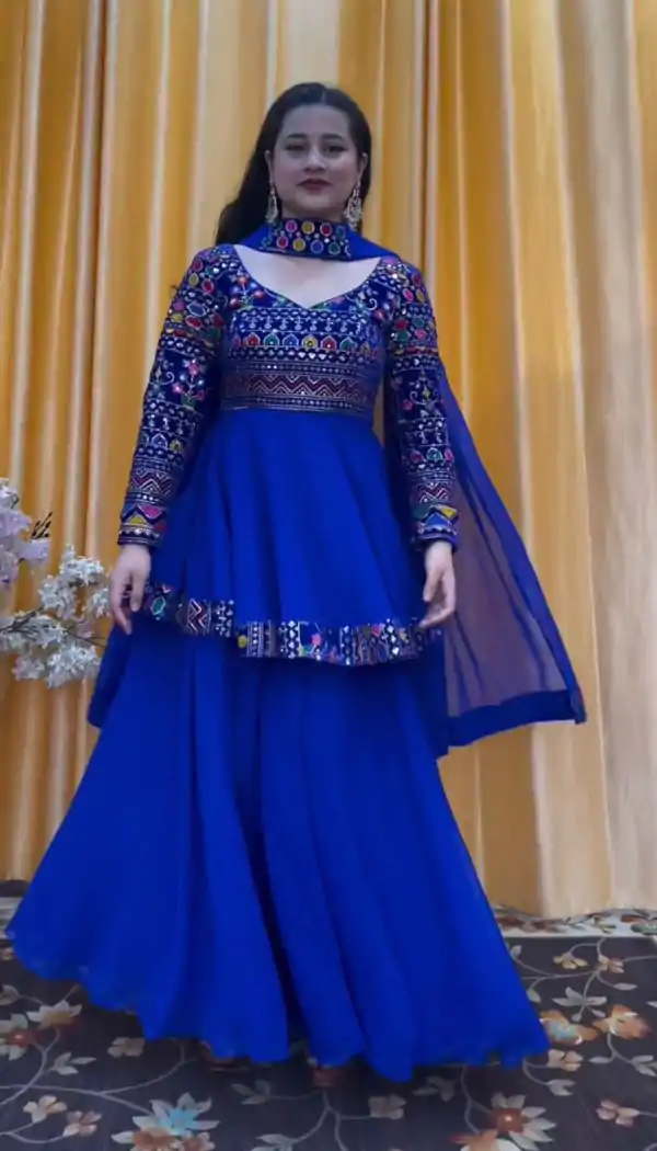 Pretty Royal Blue Color Georgette Embroidery Work Sharara Suit
