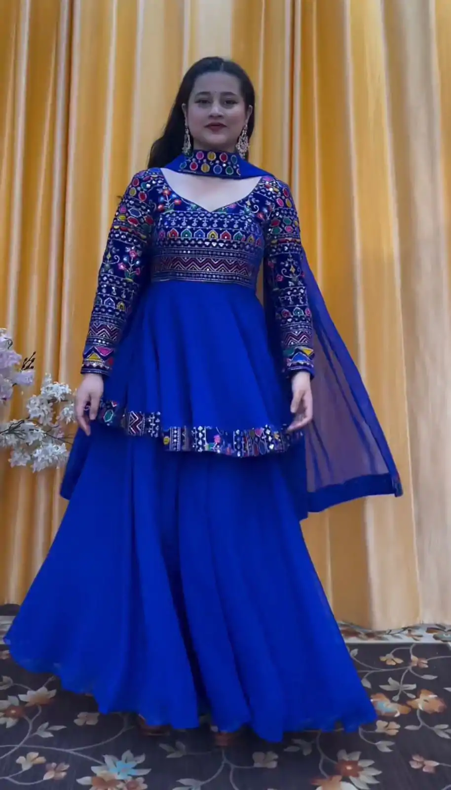 Pretty Royal Blue Color Georgette Embroidery Work Sharara Suit
