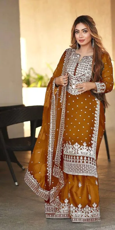 Pretty Rust Orange Georgette Embroidery Sequence Salwar Suit