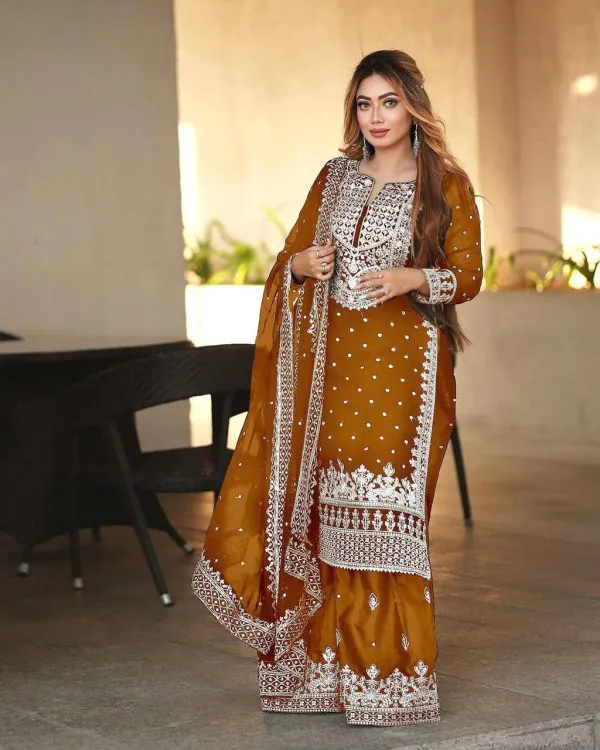 Pretty Rust Orange Georgette Embroidery Sequence Salwar Suit