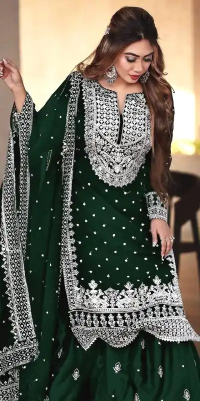Pretty Stone Green Georgette Embroidery Sequence Salwar Suit