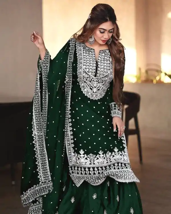 Pretty Stone Green Georgette Embroidery Sequence Salwar Suit