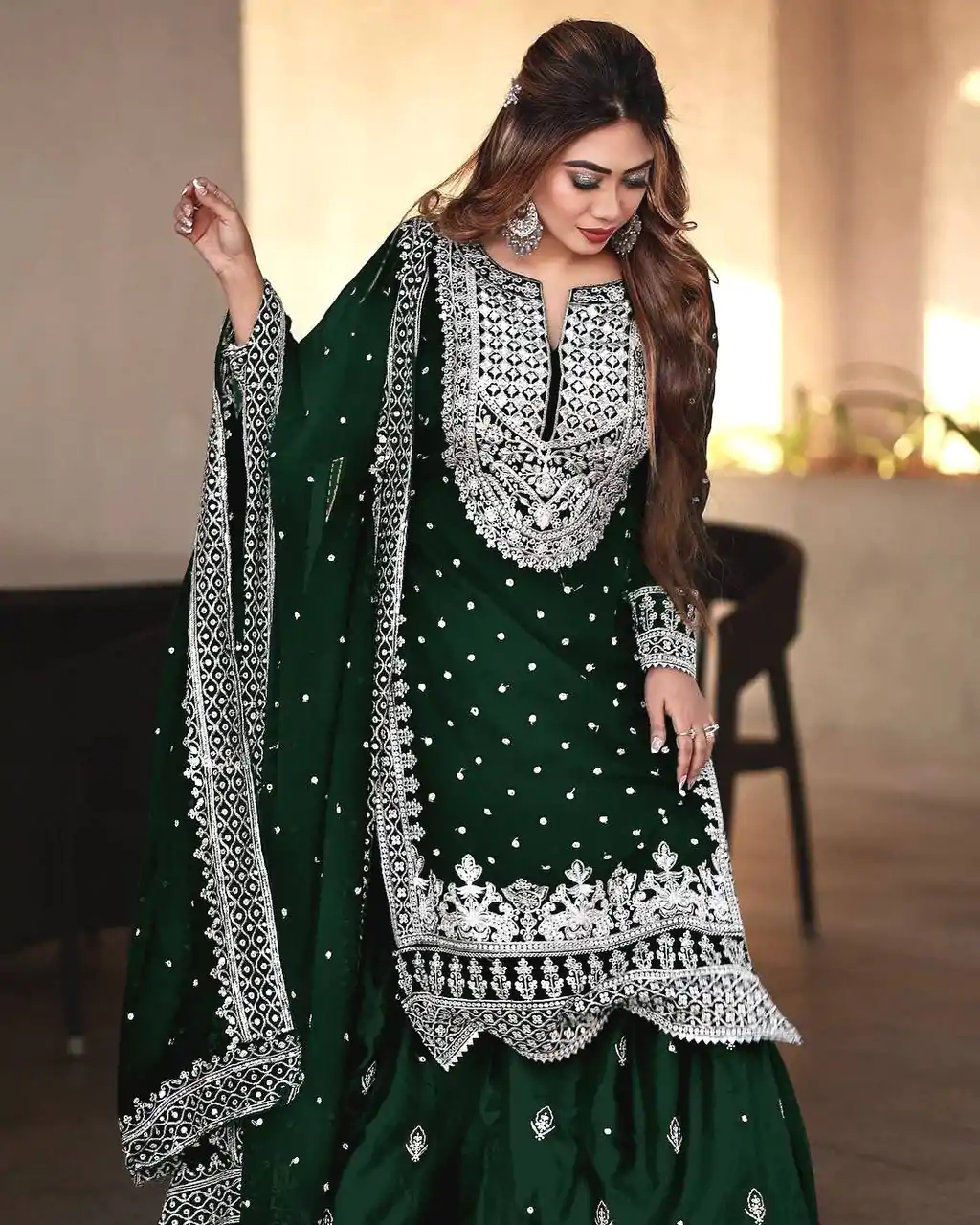 Pretty Stone Green Georgette Embroidery Sequence Salwar Suit