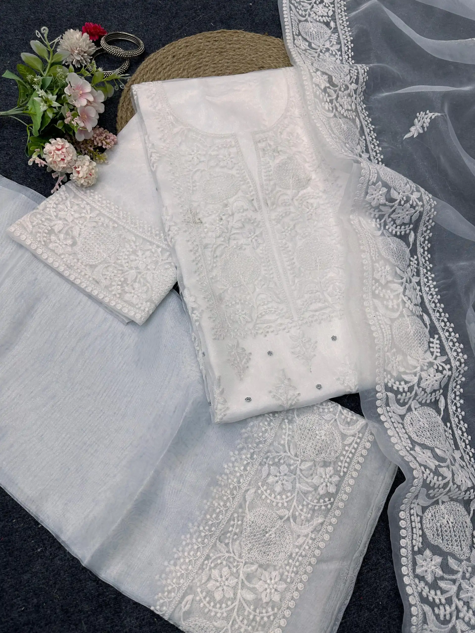 Pretty White Color Organza Silk Thread With Sequence Salwar Suit - Image 2