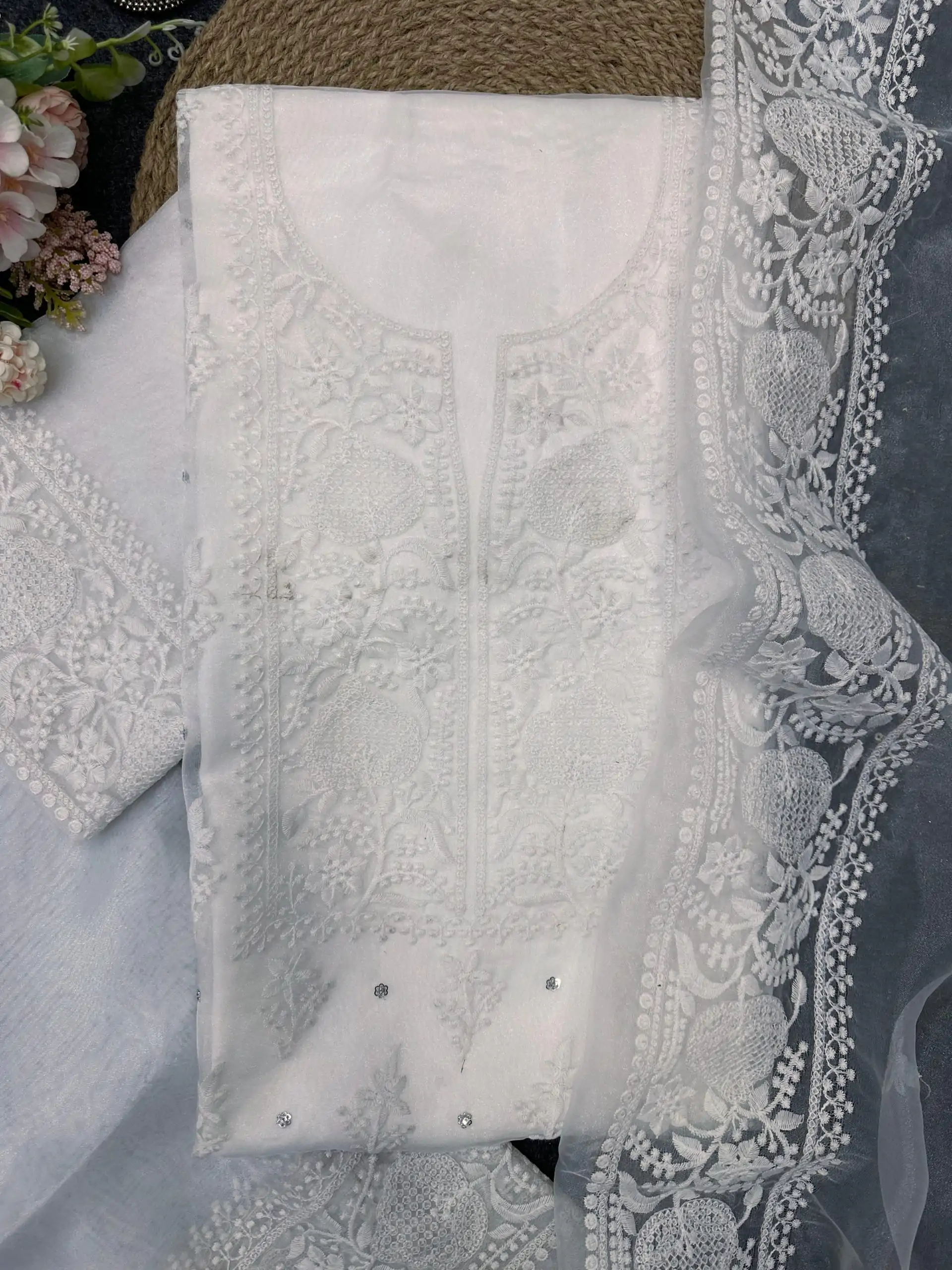 Pretty White Color Organza Silk Thread With Sequence Salwar Suit - Image 3