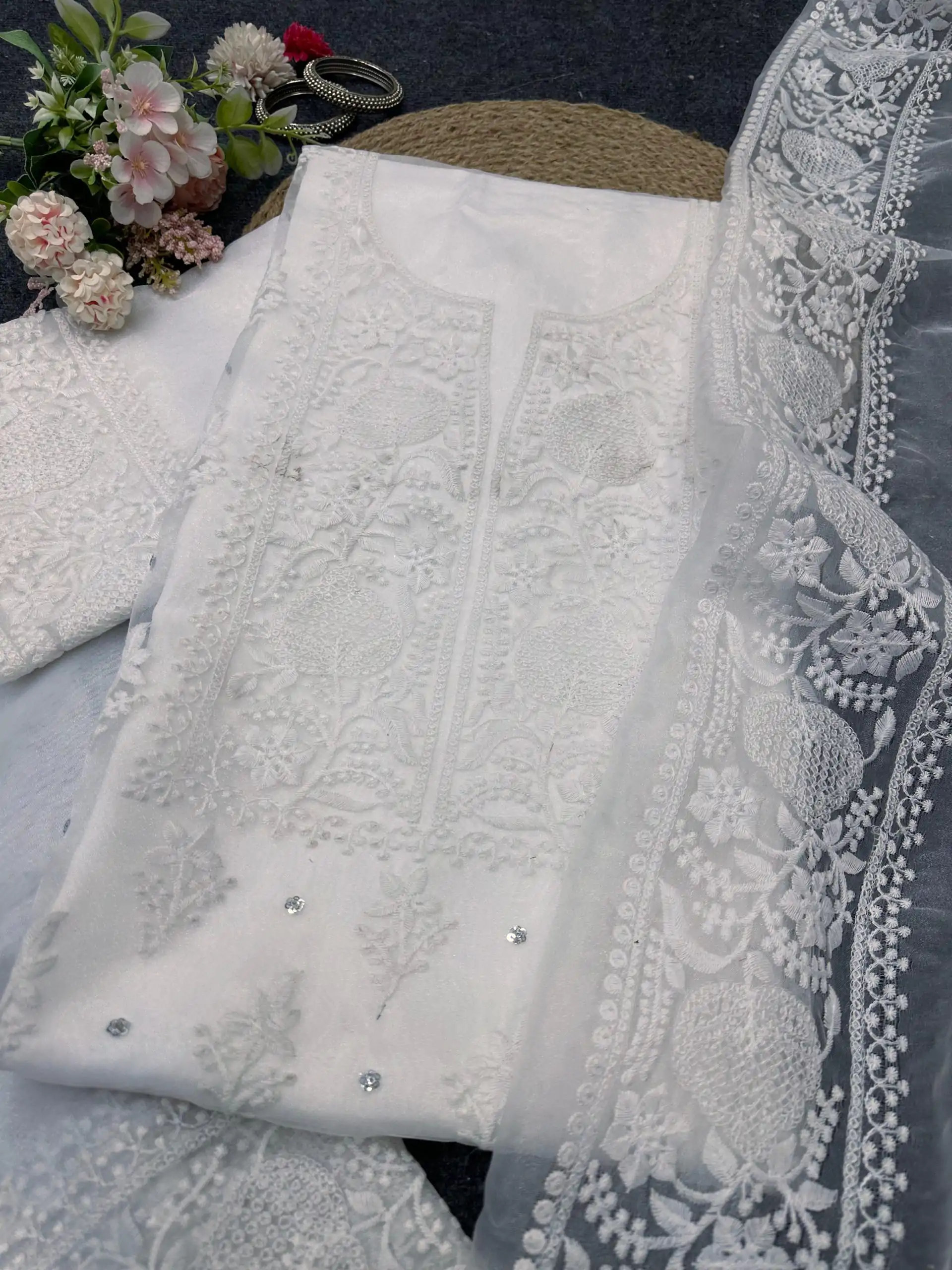 Pretty White Color Organza Silk Thread With Sequence Salwar Suit - Image 4
