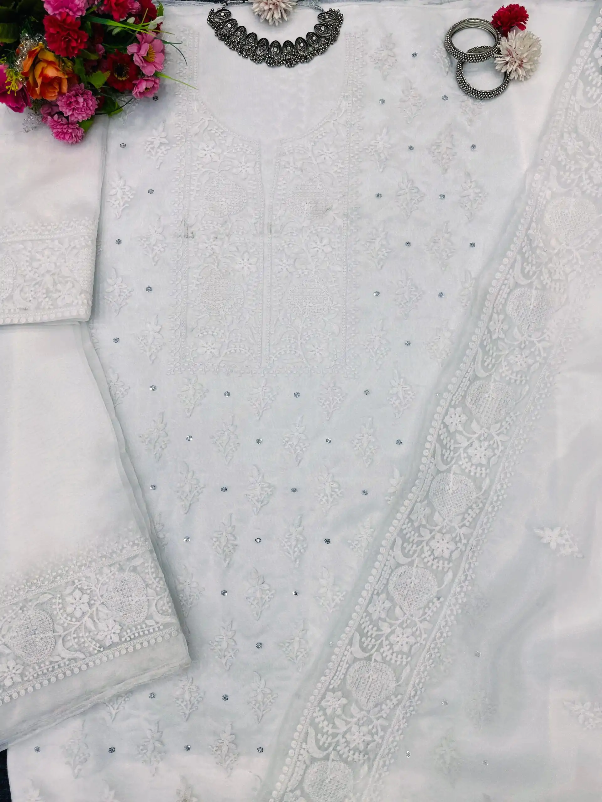 Pretty White Color Organza Silk Thread With Sequence Salwar Suit - Image 5