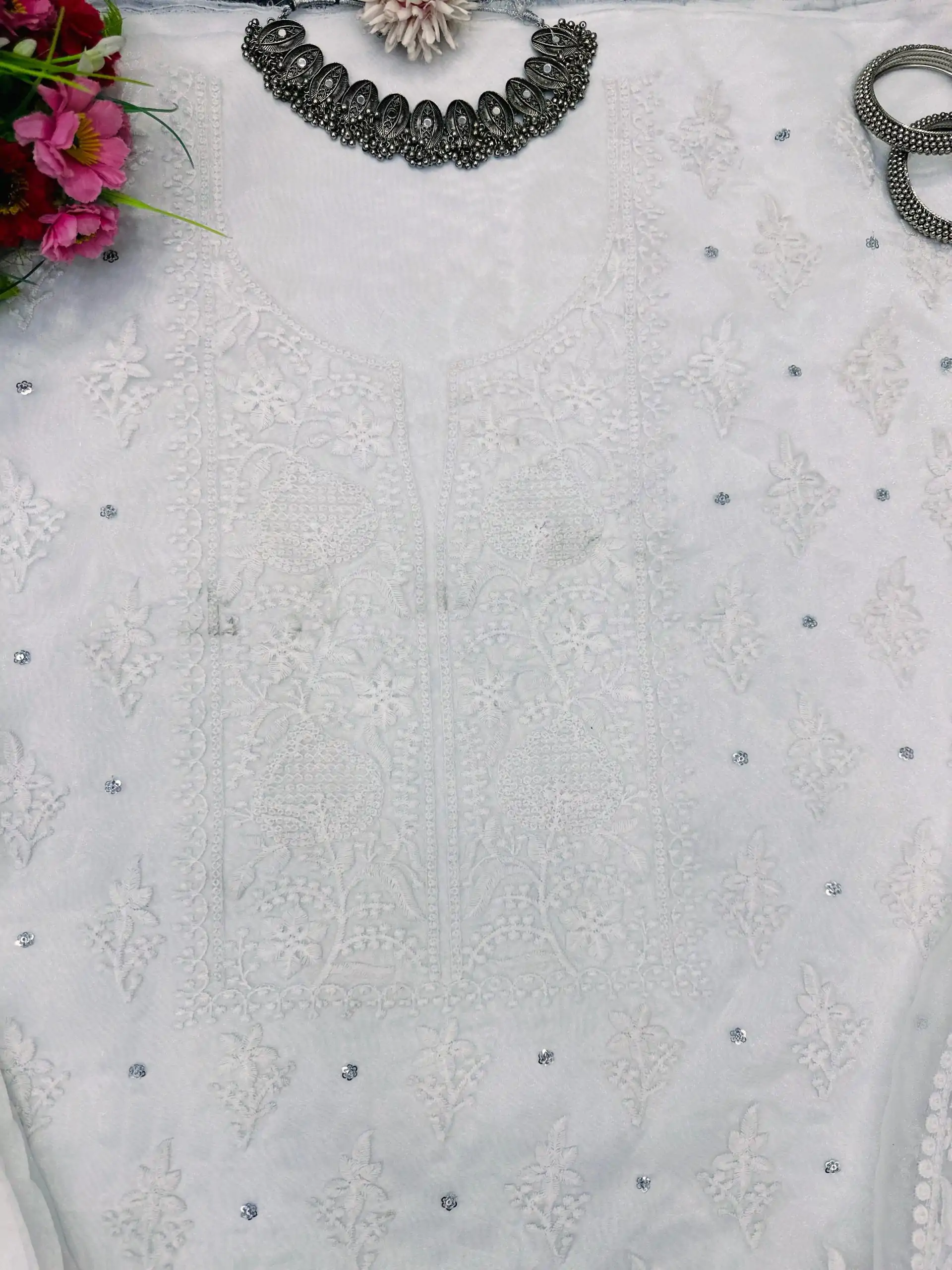 Pretty White Color Organza Silk Thread With Sequence Salwar Suit - Image 6