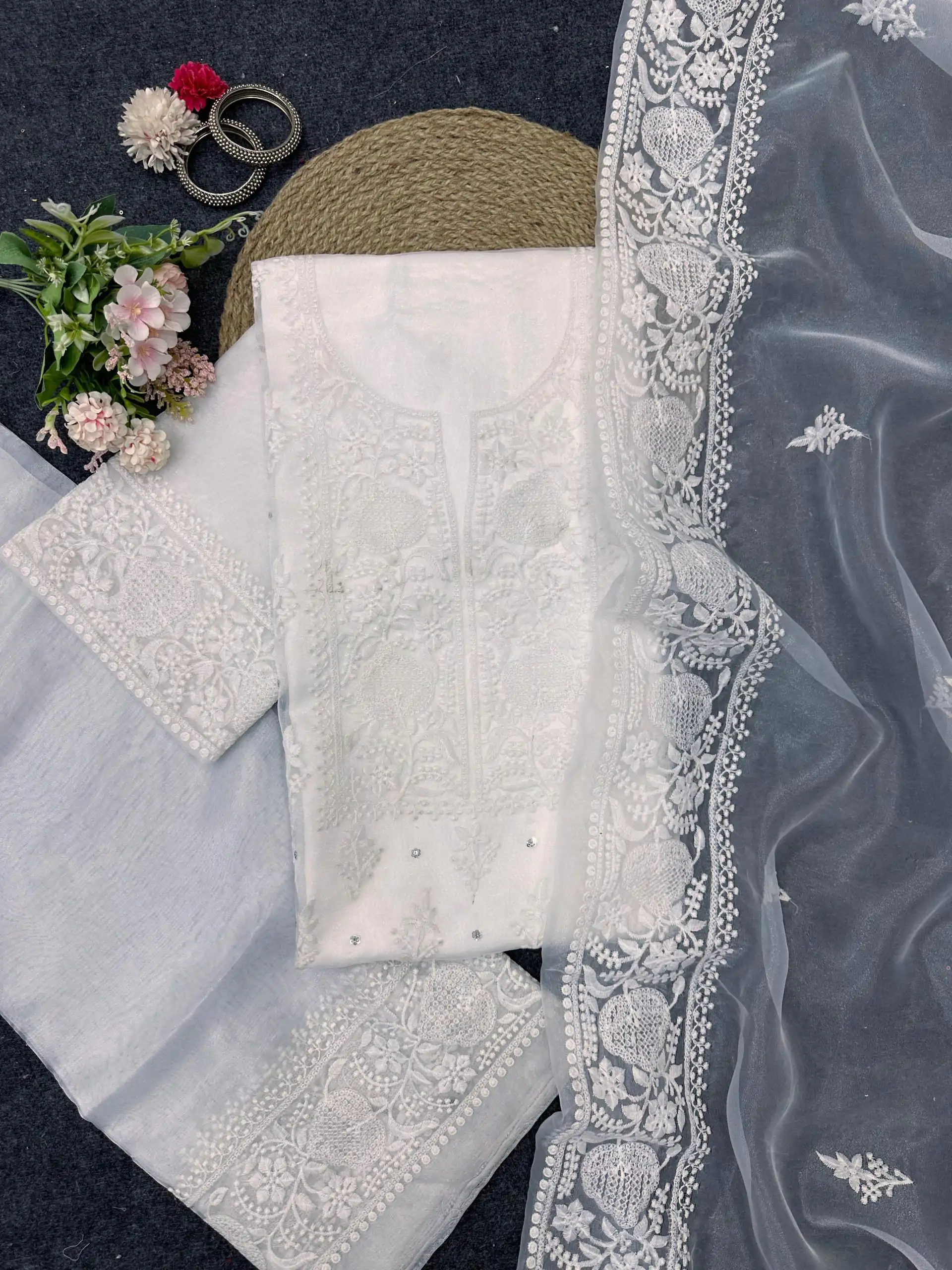 Pretty White Color Organza Silk Thread With Sequence Salwar Suit