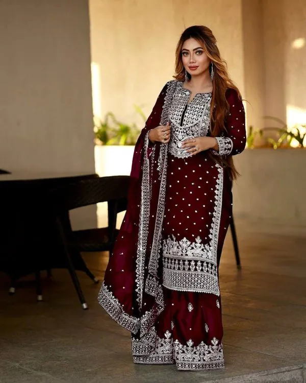 Pretty Wine Color Georgette Embroidery Sequence Salwar Suit