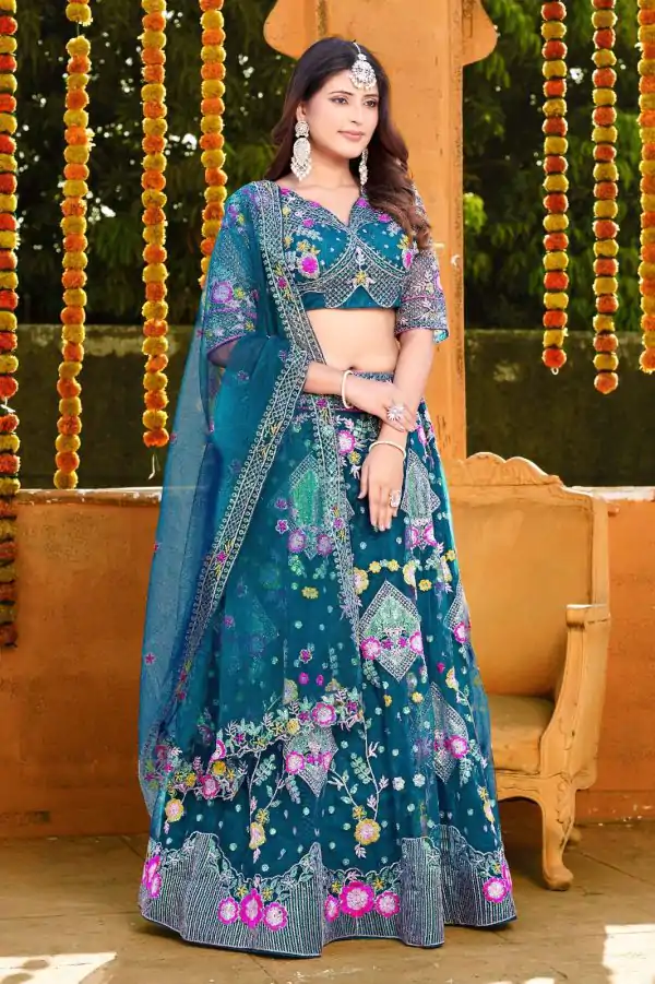 Pure Blue Color Butterfly Net Sequins Embroidered Lehenga Choli